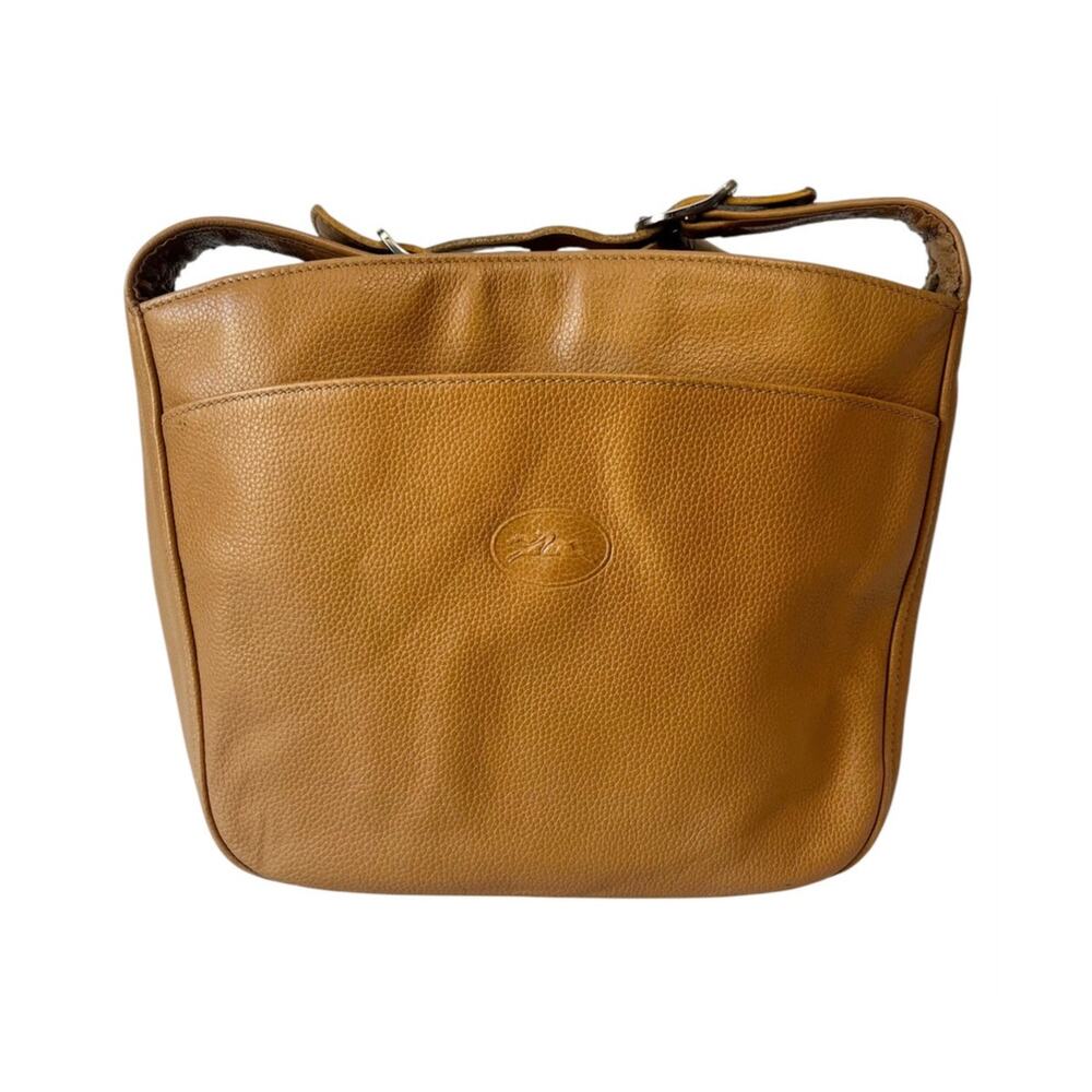 Longchamp Le Foulonne Pebbled Leather Crossbody Bag Tan Silver Vintage Y2K